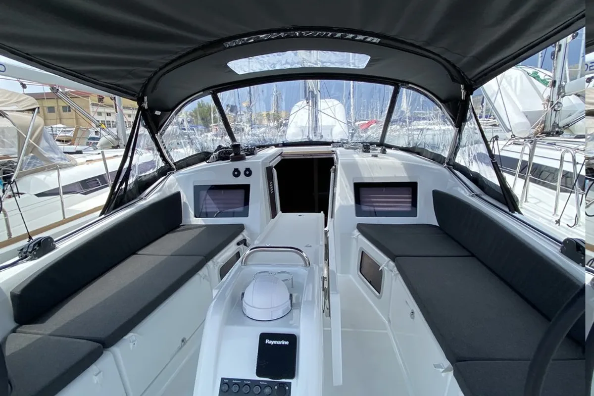 Cockpit of Night Elli, a Jeanneau Sun Odyssey 410 sailboat at Grad Trogir, Croatia