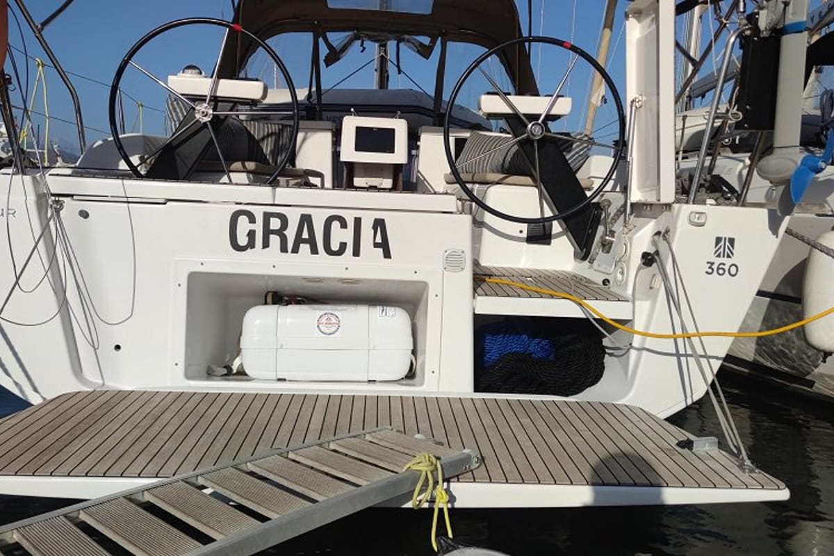 Exterior view of Gracia, a Dufour 360 GL sailboat at Fethiye, Turkey