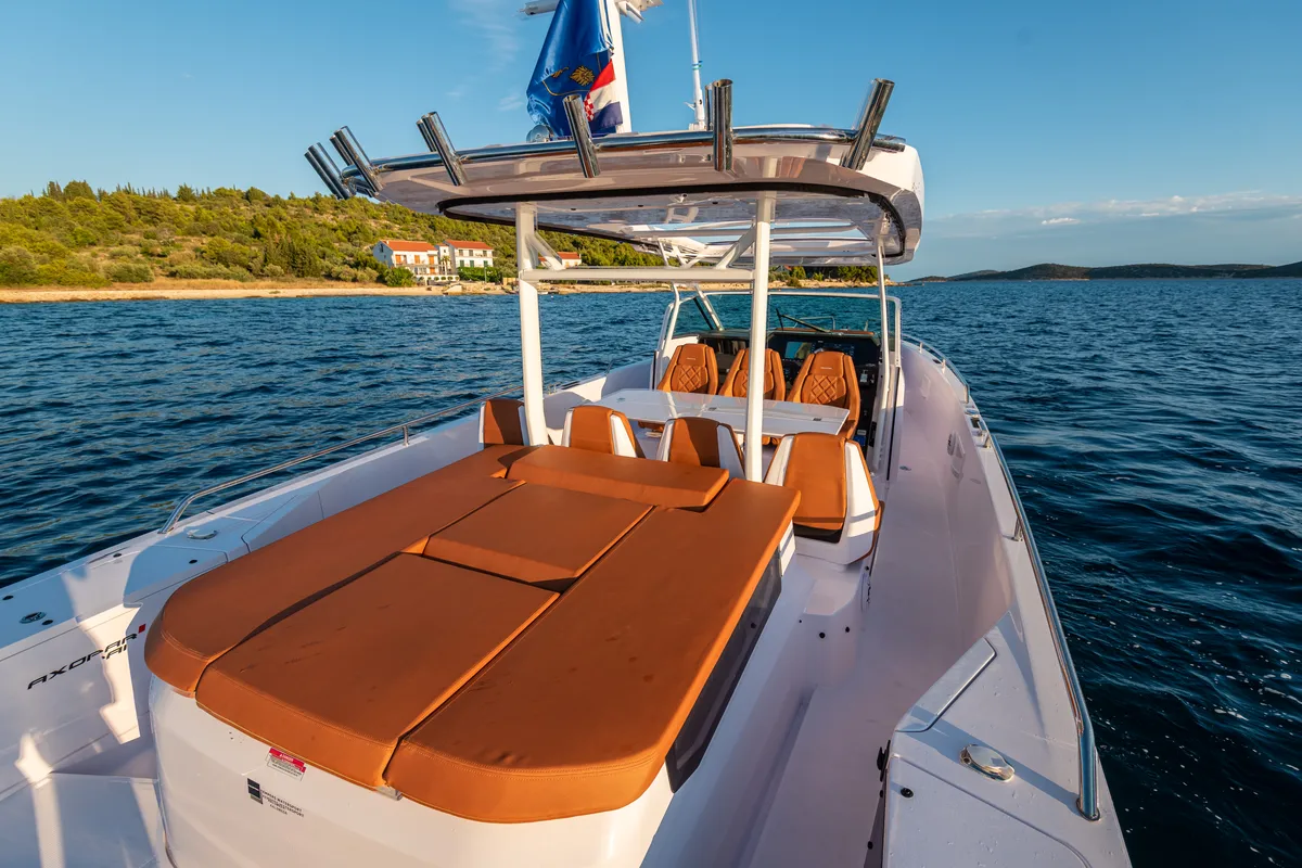 Deck of Axe, a Axopar 37  Sun Top motorboat at Grad Vodice, Croatia