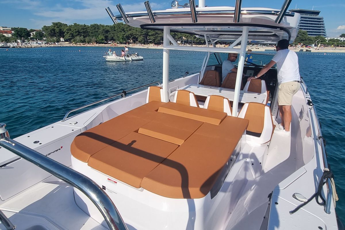 Deck of Axe, a Axopar 37  Sun Top motorboat at Grad Vodice, Croatia