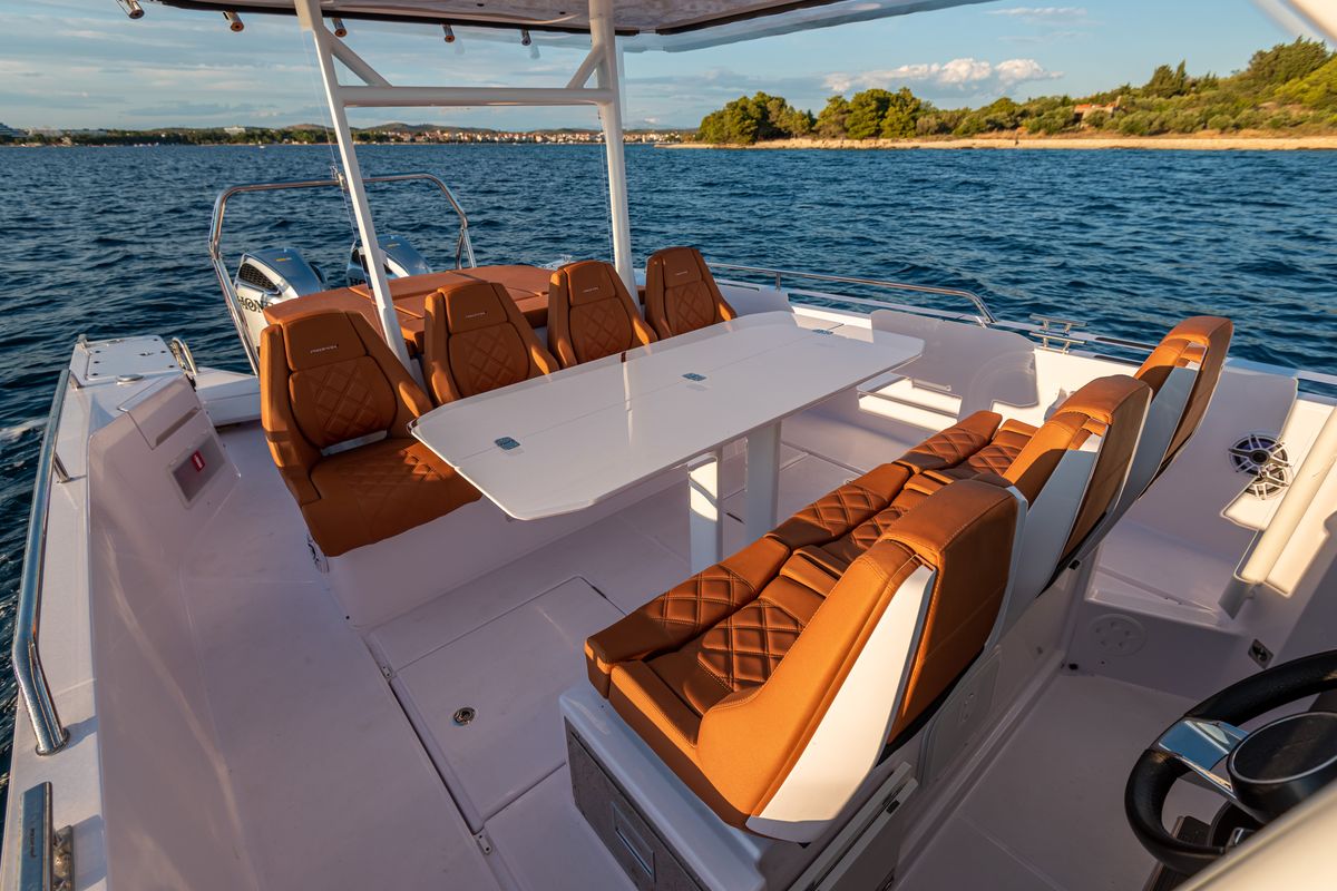 Deck of Axe, a Axopar 37  Sun Top motorboat at Grad Vodice, Croatia