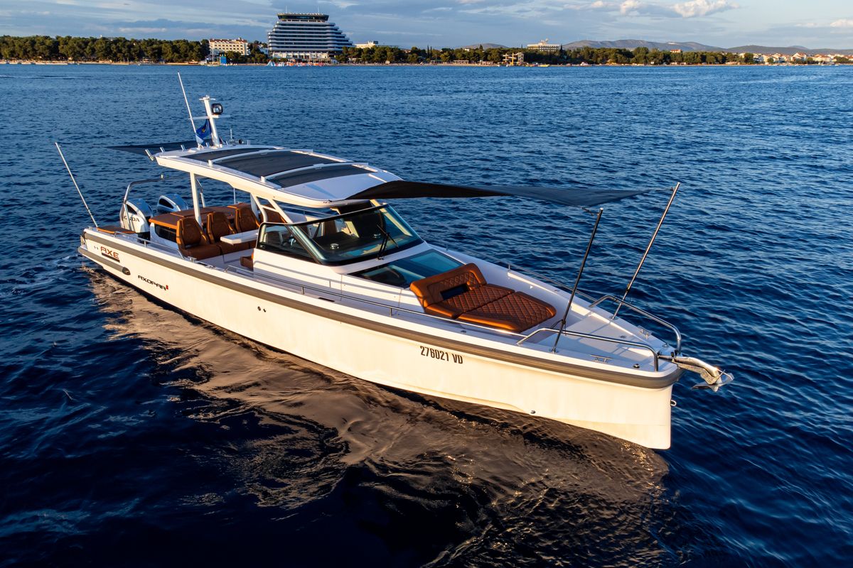 Exterior view of Axe, a Axopar 37  Sun Top motorboat at Grad Vodice, Croatia