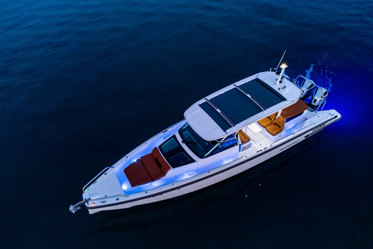 Exterior view of Axe, a Axopar 37  Sun Top motorboat at Grad Vodice, Croatia