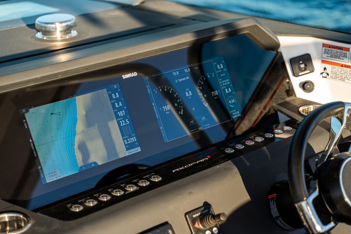Cockpit of Axe, a Axopar 37  Sun Top motorboat at Grad Vodice, Croatia