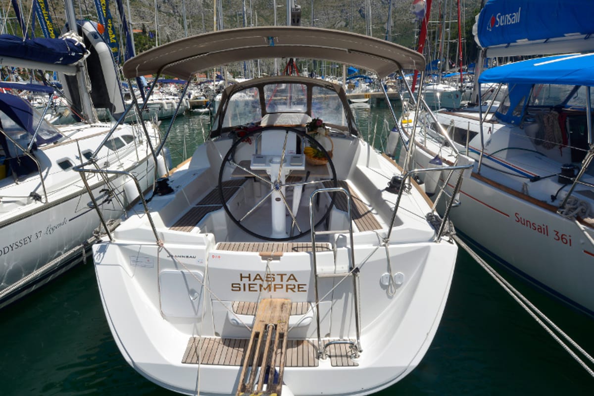 Cockpit of Hasta Siempre, a Jeanneau Sun Odyssey 33i sailboat at Dubrovnik, Croatia