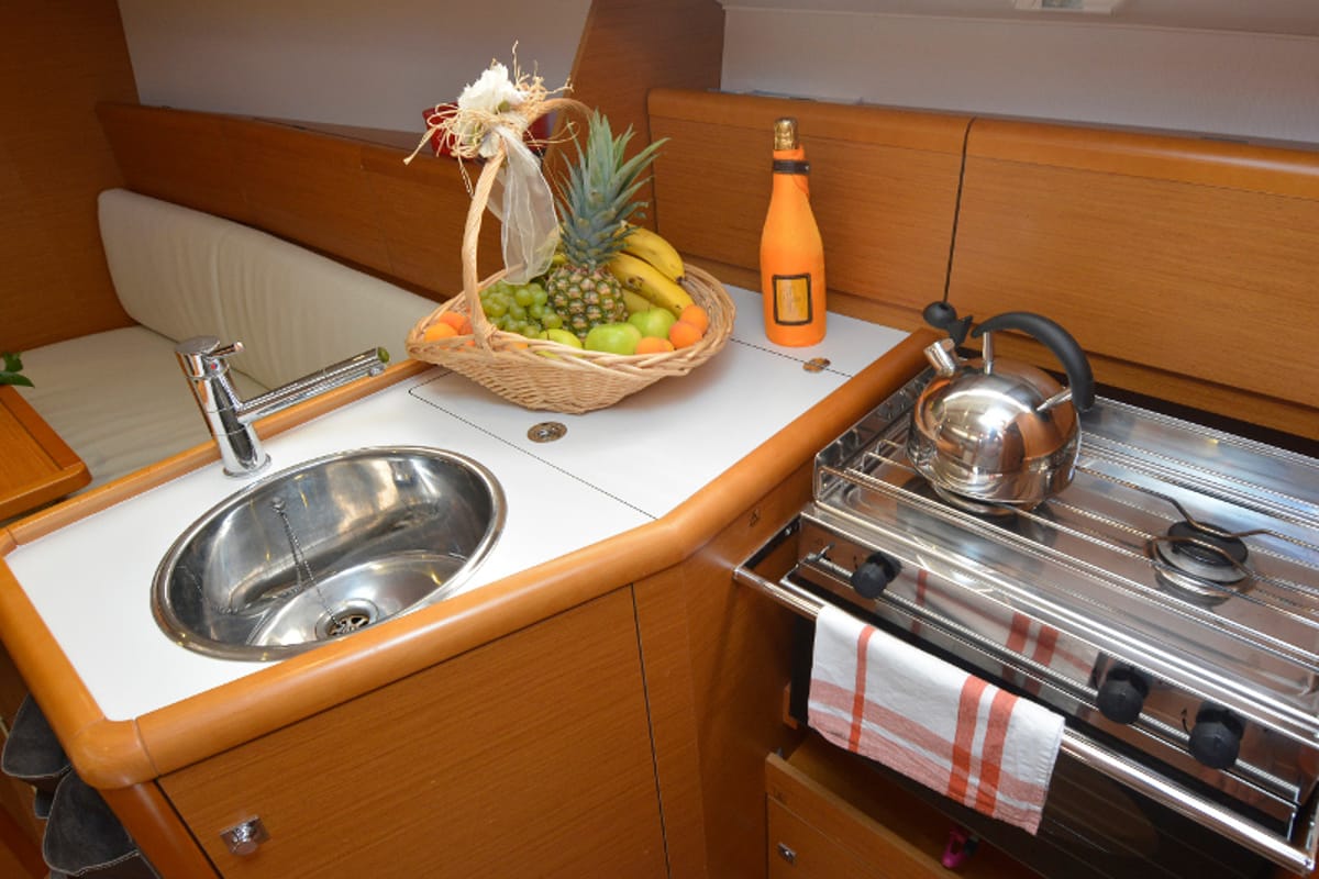 Galley of Hasta Siempre, a Jeanneau Sun Odyssey 33i sailboat at Dubrovnik, Croatia