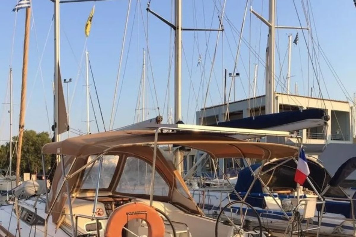 Exterior view of Papatheo, a Jeanneau Sun Odyssey 349 sailboat at Municipal Unit of Lefkada, Greece