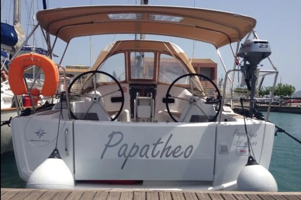 Exterior view of Papatheo, a Jeanneau Sun Odyssey 349 sailboat at Municipal Unit of Lefkada, Greece