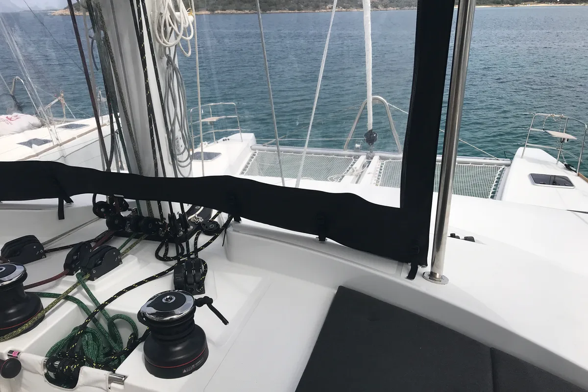 Cockpit of Dugongo II, a Lagoon 52 catamaran at Olbia, Italy