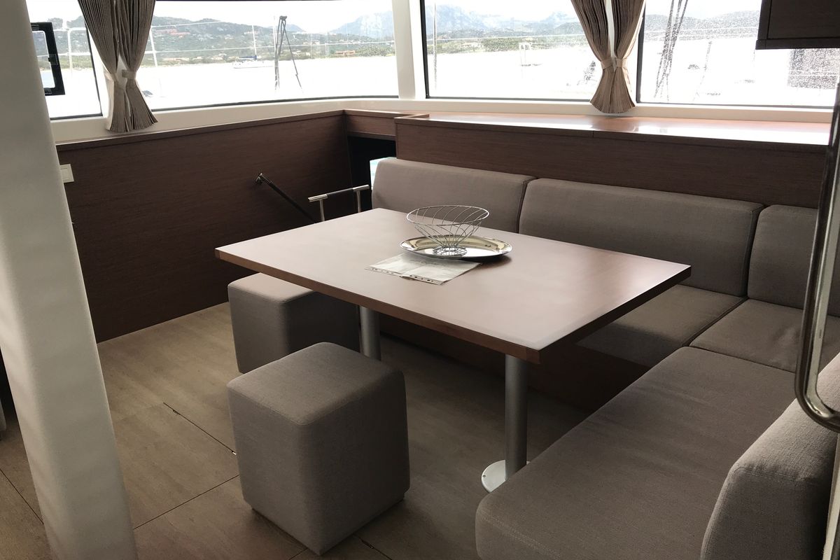 Salon of Dugongo II, a Lagoon 52 catamaran at Olbia, Italy