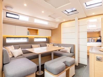 Salon of Sunsail 41.3 Premium Plus, a Dufour 41 sailboat at Municipal Unit of Lefkada, Greece