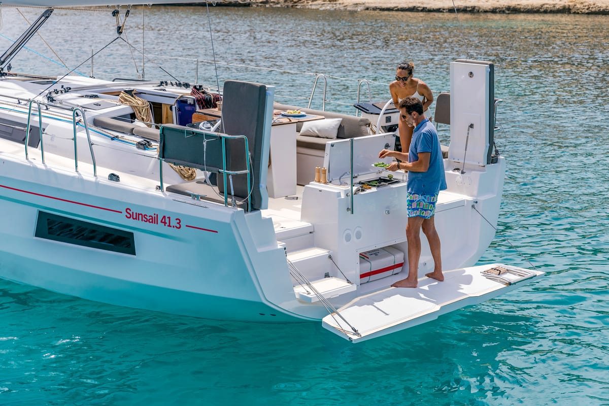Deck of Sunsail 41.3 Premium Plus, a Dufour 41 sailboat at Municipal Unit of Lefkada, Greece