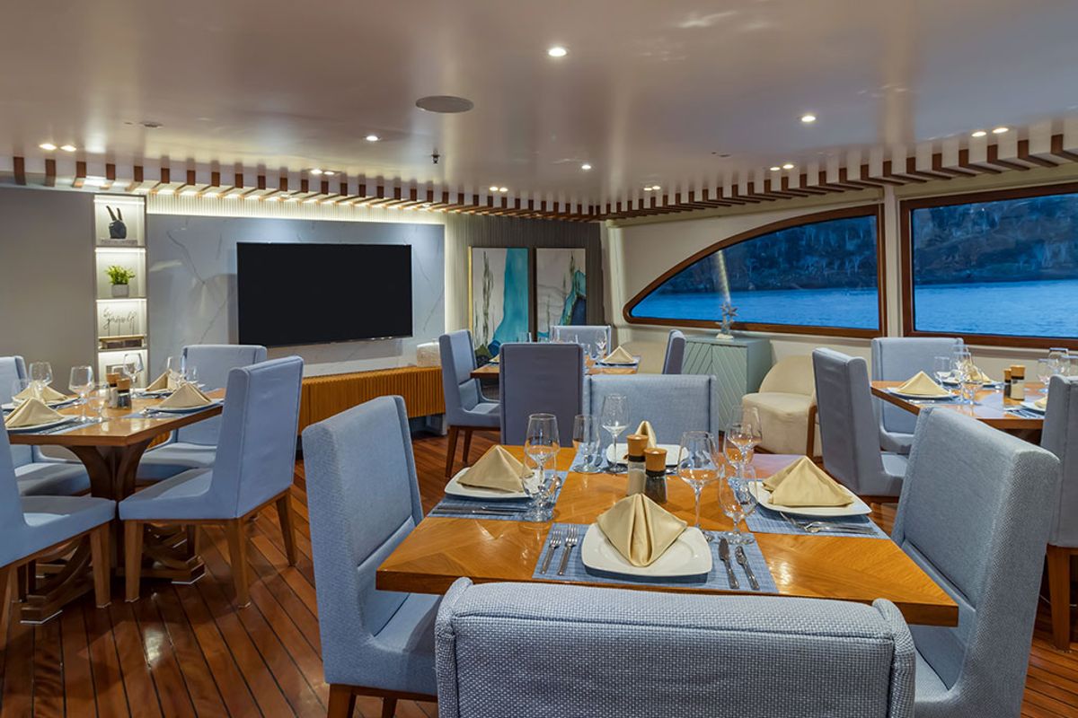 Salon of Ocean Spray, a Gulet Power Catamaran catamaran at Baltra, Ecuador