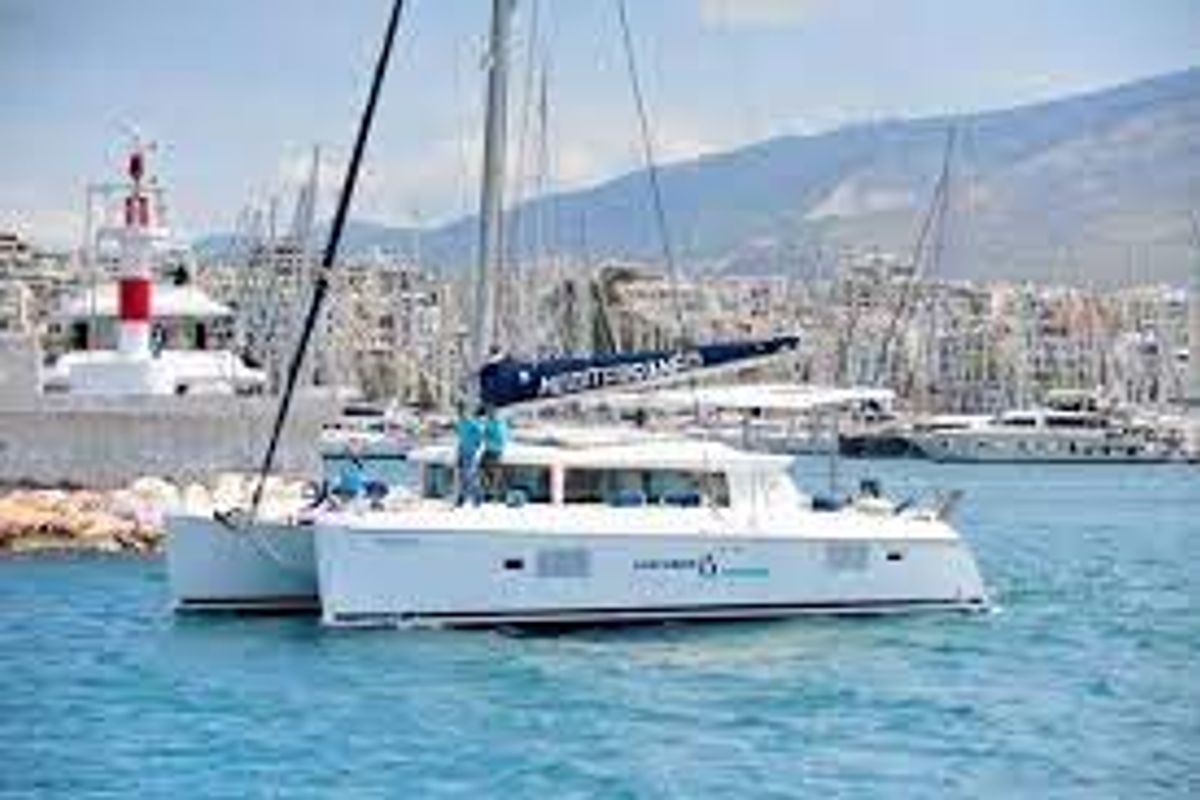 Exterior view of Amelia, a Lagoon 420 catamaran at Volos Municipality, Greece