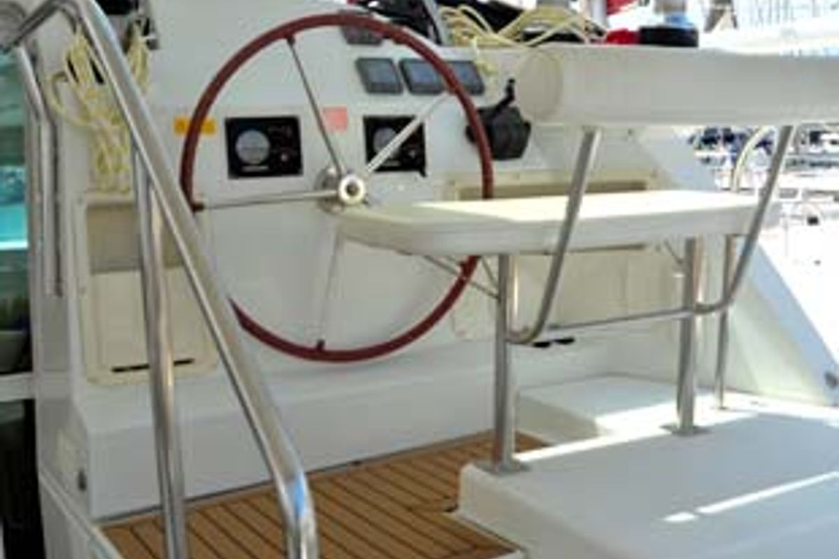 Cockpit of Amelia, a Lagoon 420 catamaran at Volos Municipality, Greece