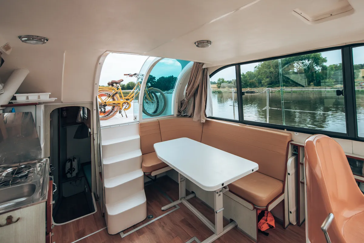 Salon of Allegro II, a Nicols Confort 900 DP motorboat at Grez-Neuville, France