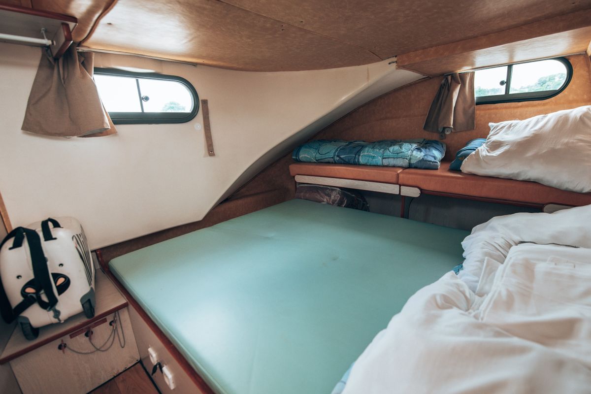 Cabin on Allegro II, a Nicols Confort 900 DP motorboat at Grez-Neuville, France
