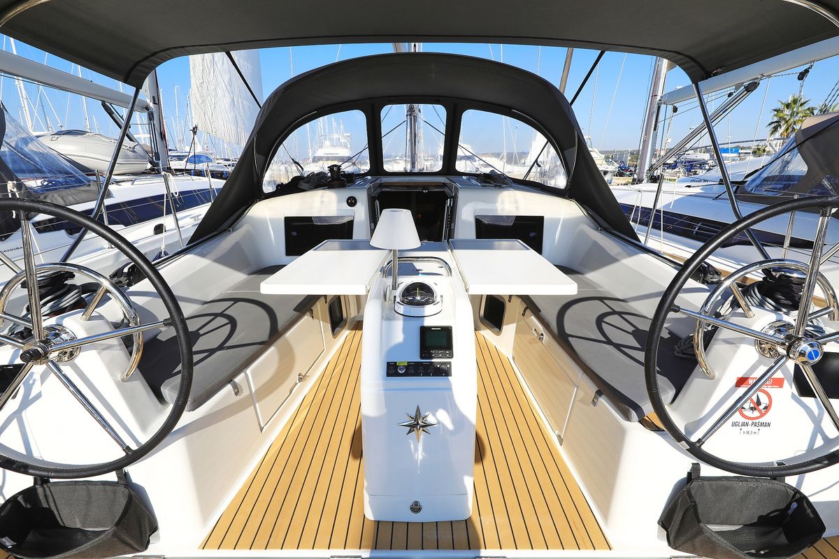 Cockpit of Diona, a Jeanneau Sun Odyssey 410 sailboat at Grad Biograd na Moru, Croatia