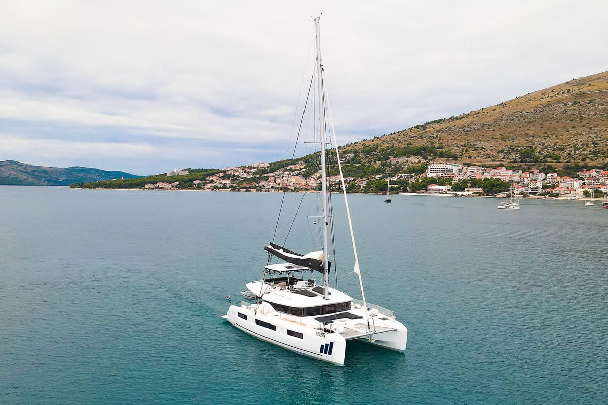 Exterior view of Nevera, a Lagoon 51 catamaran at Seget Donji, Croatia