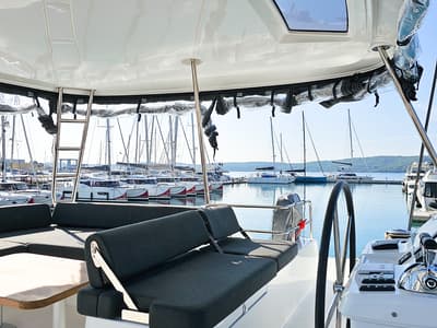 Cockpit of Nevera, a Lagoon 51 catamaran at Seget Donji, Croatia