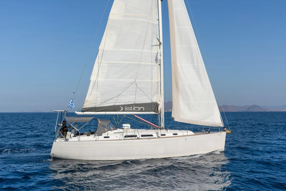 Exterior view of Flyer of Lorne, a Hanse Yachts Hanse 400 sailboat at Kos, Greece