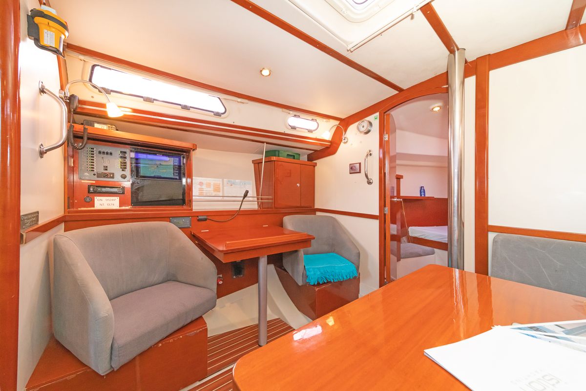 Salon of Flyer of Lorne, a Hanse Yachts Hanse 400 sailboat at Kos, Greece