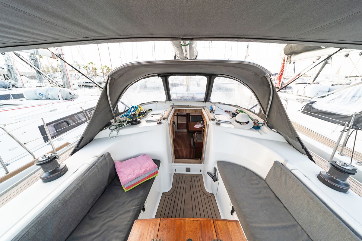 Deck of Flyer of Lorne, a Hanse Yachts Hanse 400 sailboat at Kos, Greece