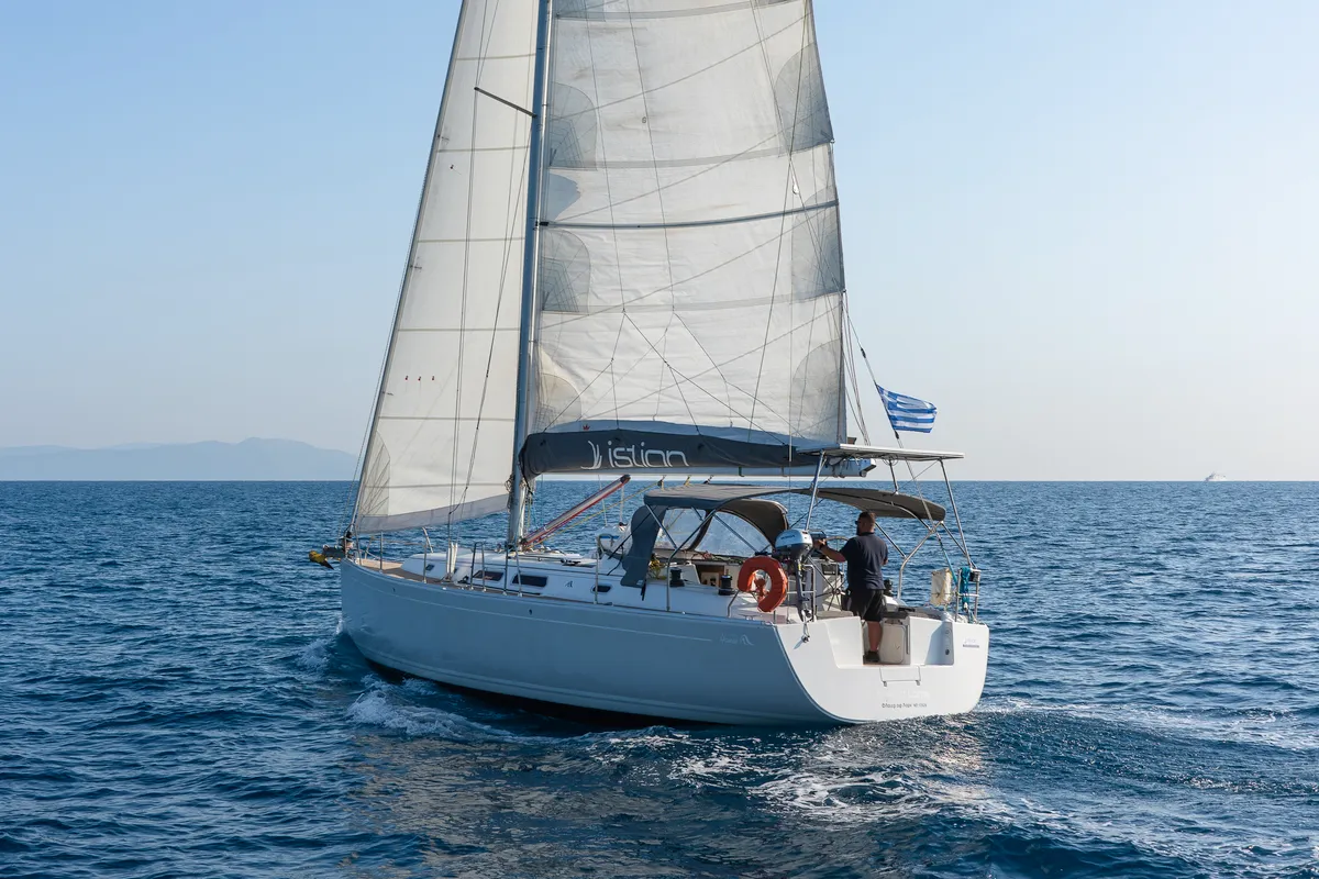 Exterior view of Flyer of Lorne, a Hanse Yachts Hanse 400 sailboat at Kos, Greece