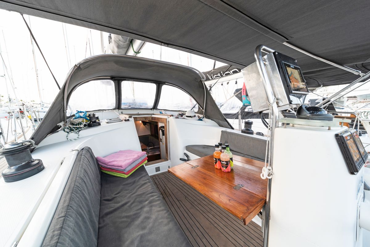 Deck of Flyer of Lorne, a Hanse Yachts Hanse 400 sailboat at Kos, Greece
