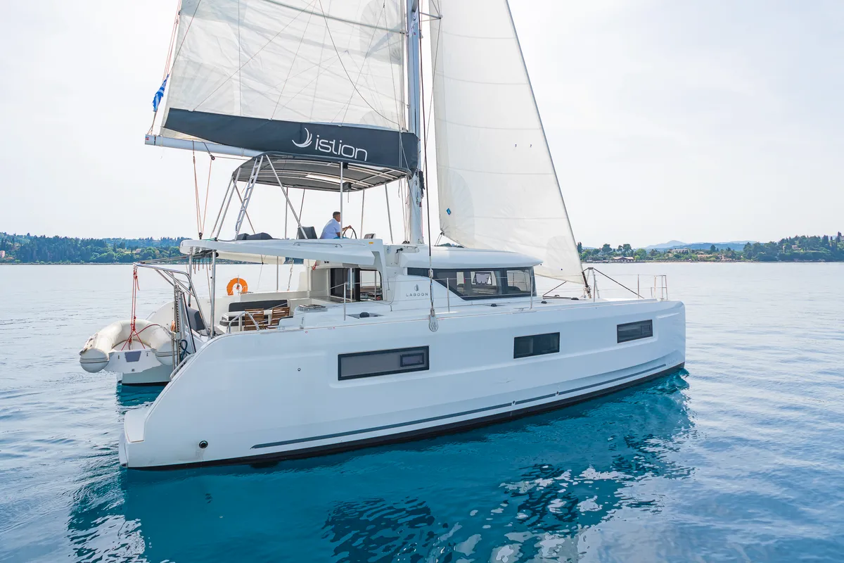 Exterior view of If, a Lagoon 46 catamaran at Gouvia, Greece