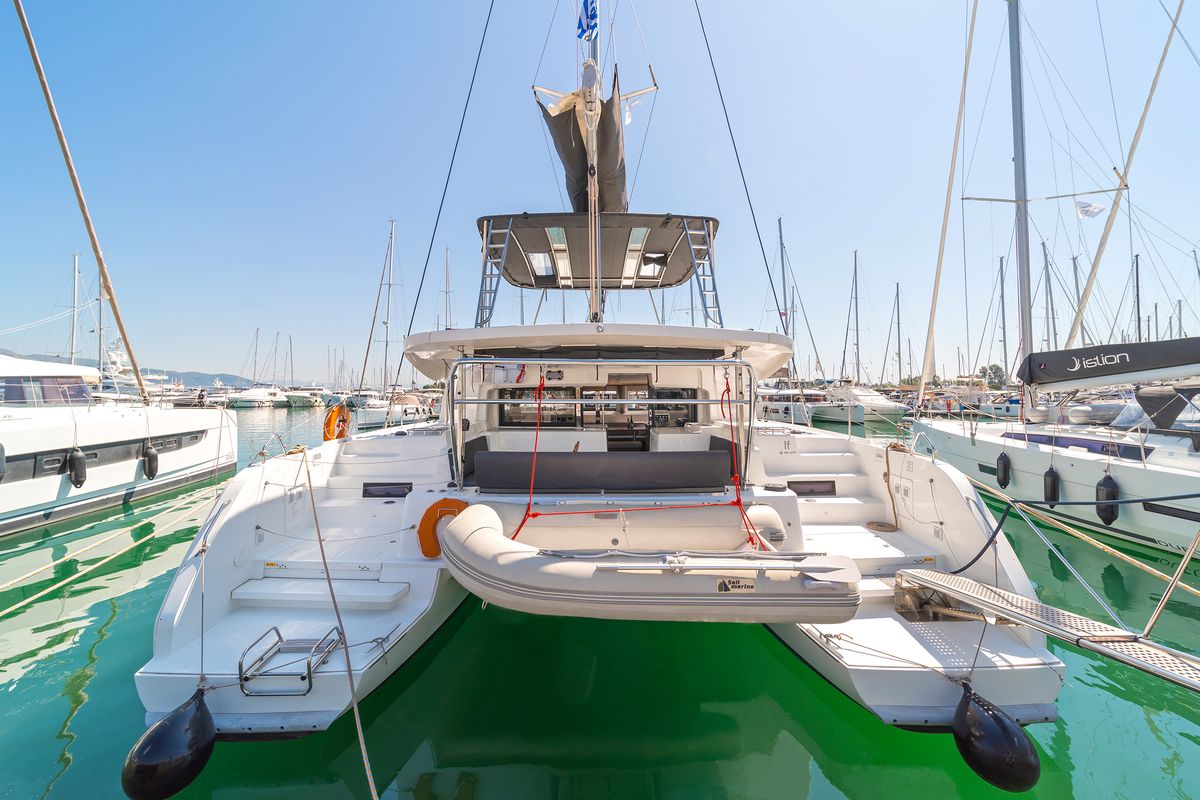 Exterior view of If, a Lagoon 46 catamaran at Gouvia, Greece
