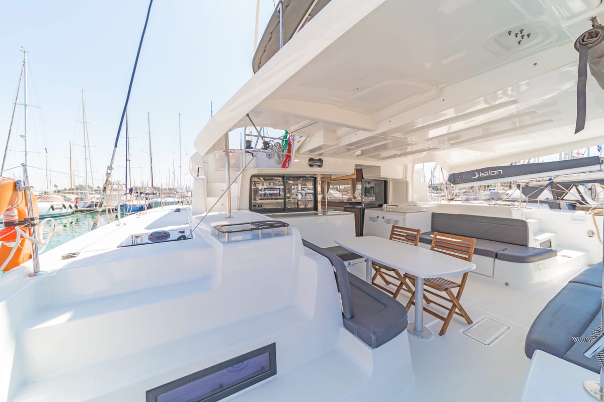 Deck of If, a Lagoon 46 catamaran at Gouvia, Greece