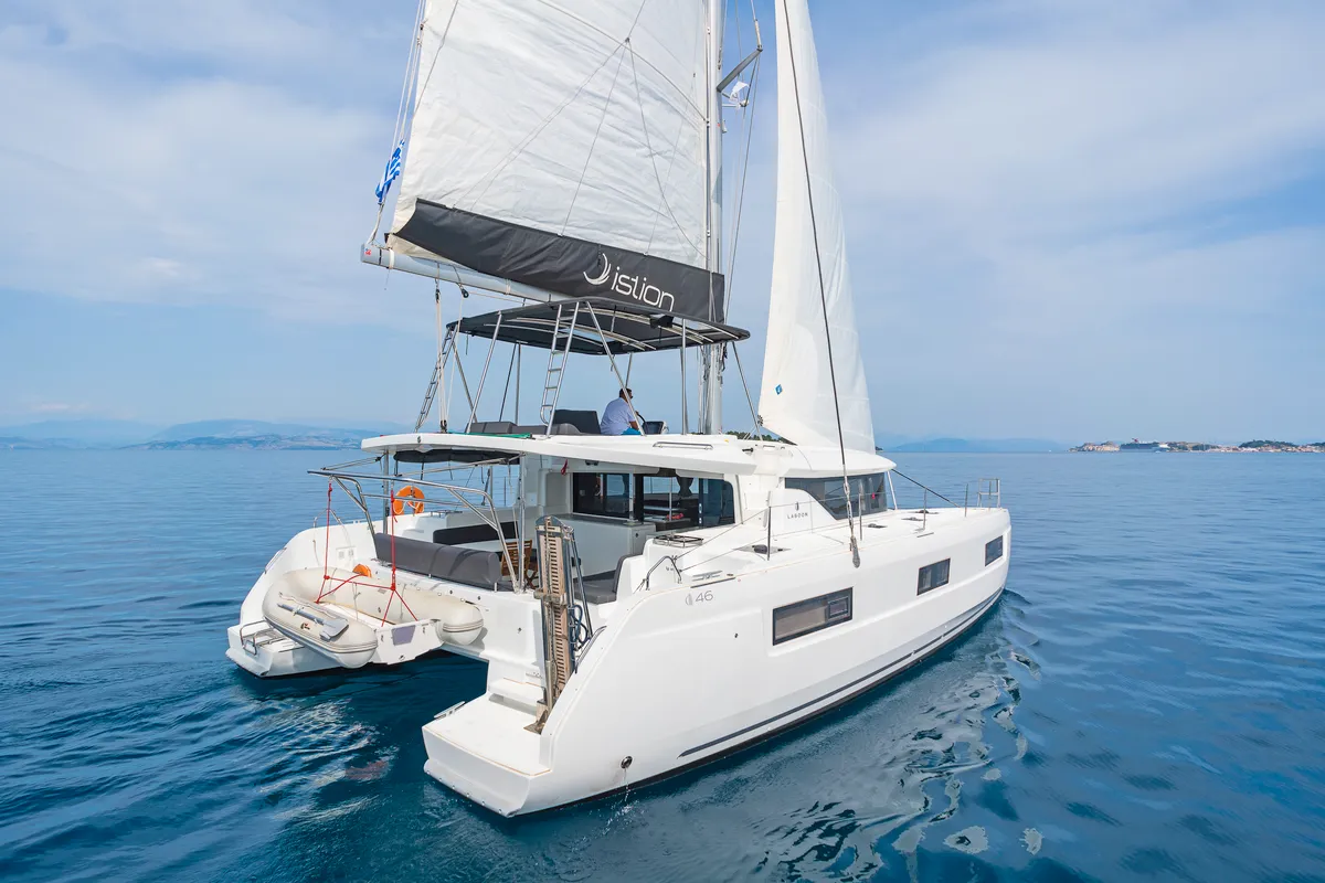 Exterior view of If, a Lagoon 46 catamaran at Gouvia, Greece