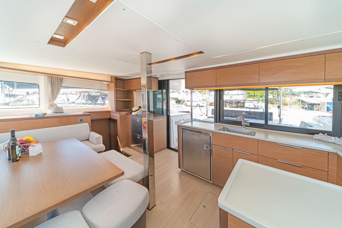 Salon of If, a Lagoon 46 catamaran at Gouvia, Greece