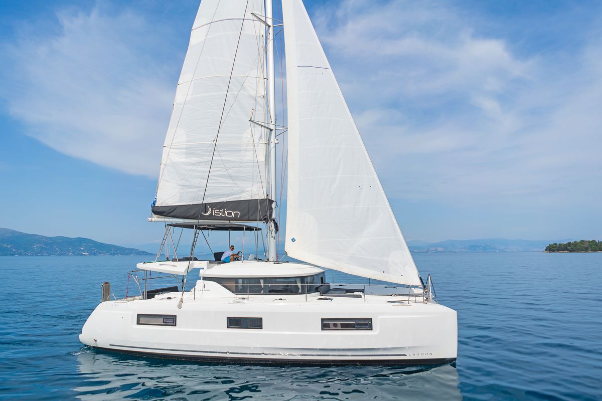 Exterior view of If, a Lagoon 46 catamaran at Gouvia, Greece