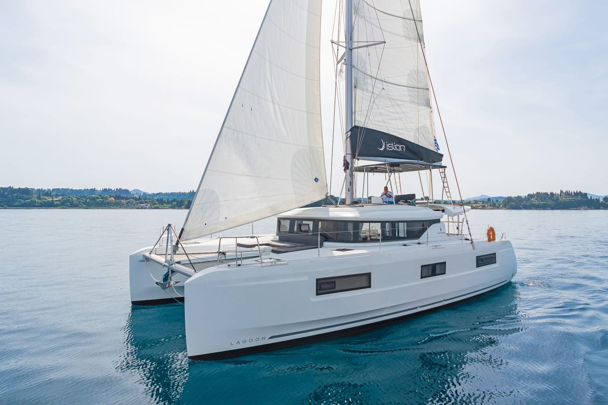 Exterior view of If, a Lagoon 46 catamaran at Gouvia, Greece