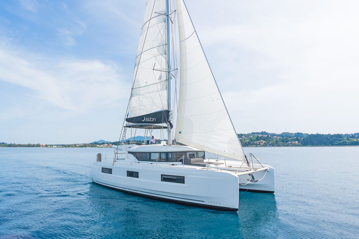 Exterior view of If, a Lagoon 46 catamaran at Gouvia, Greece