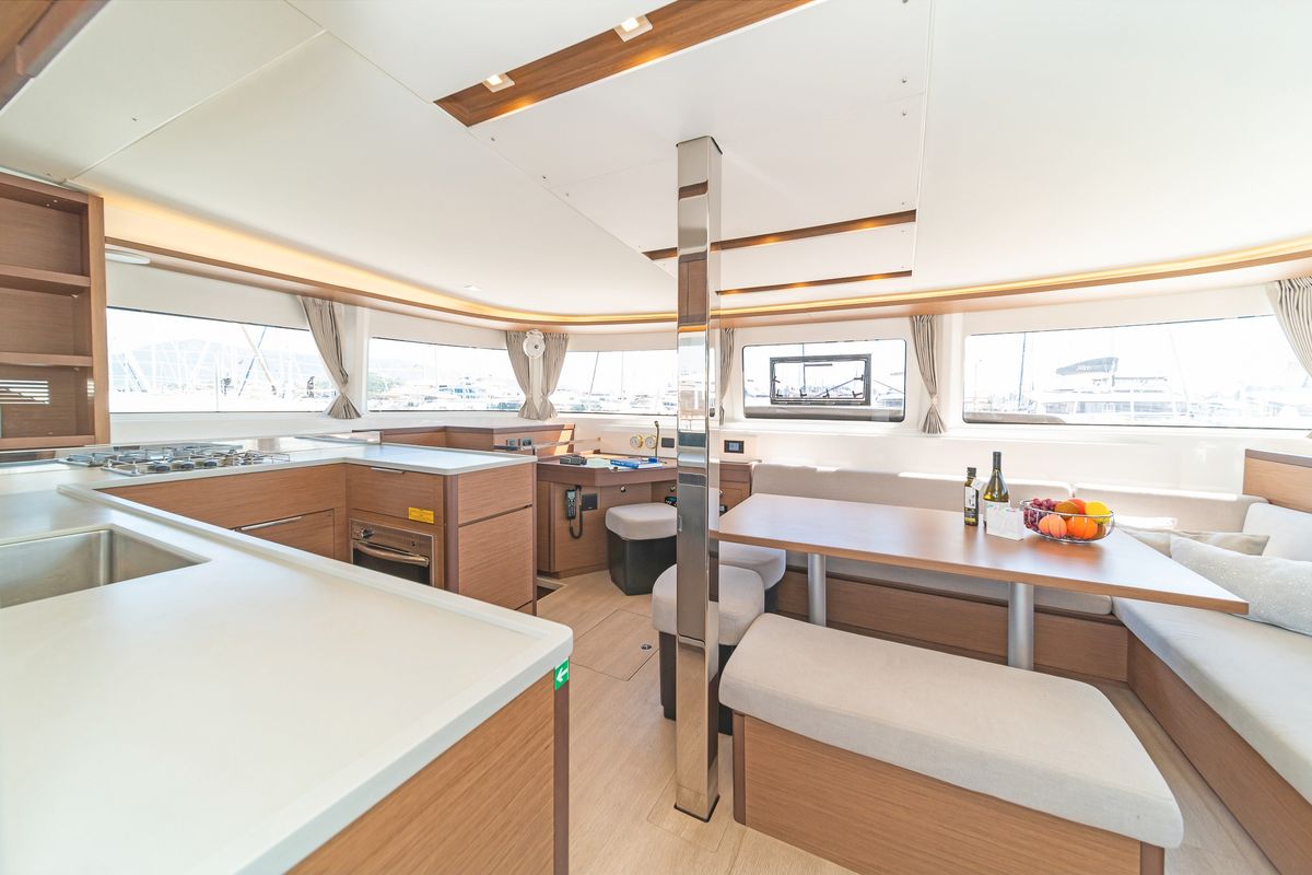 Salon of If, a Lagoon 46 catamaran at Gouvia, Greece