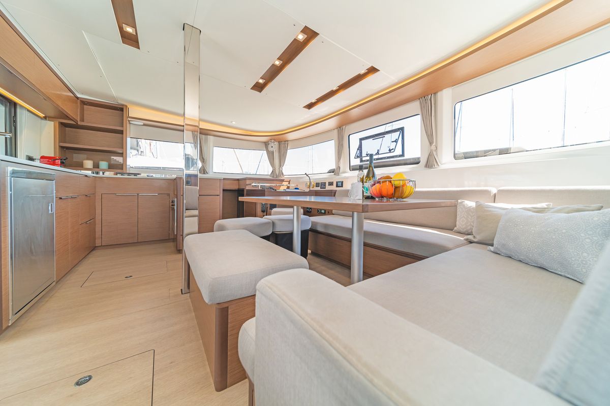 Salon of If, a Lagoon 46 catamaran at Gouvia, Greece