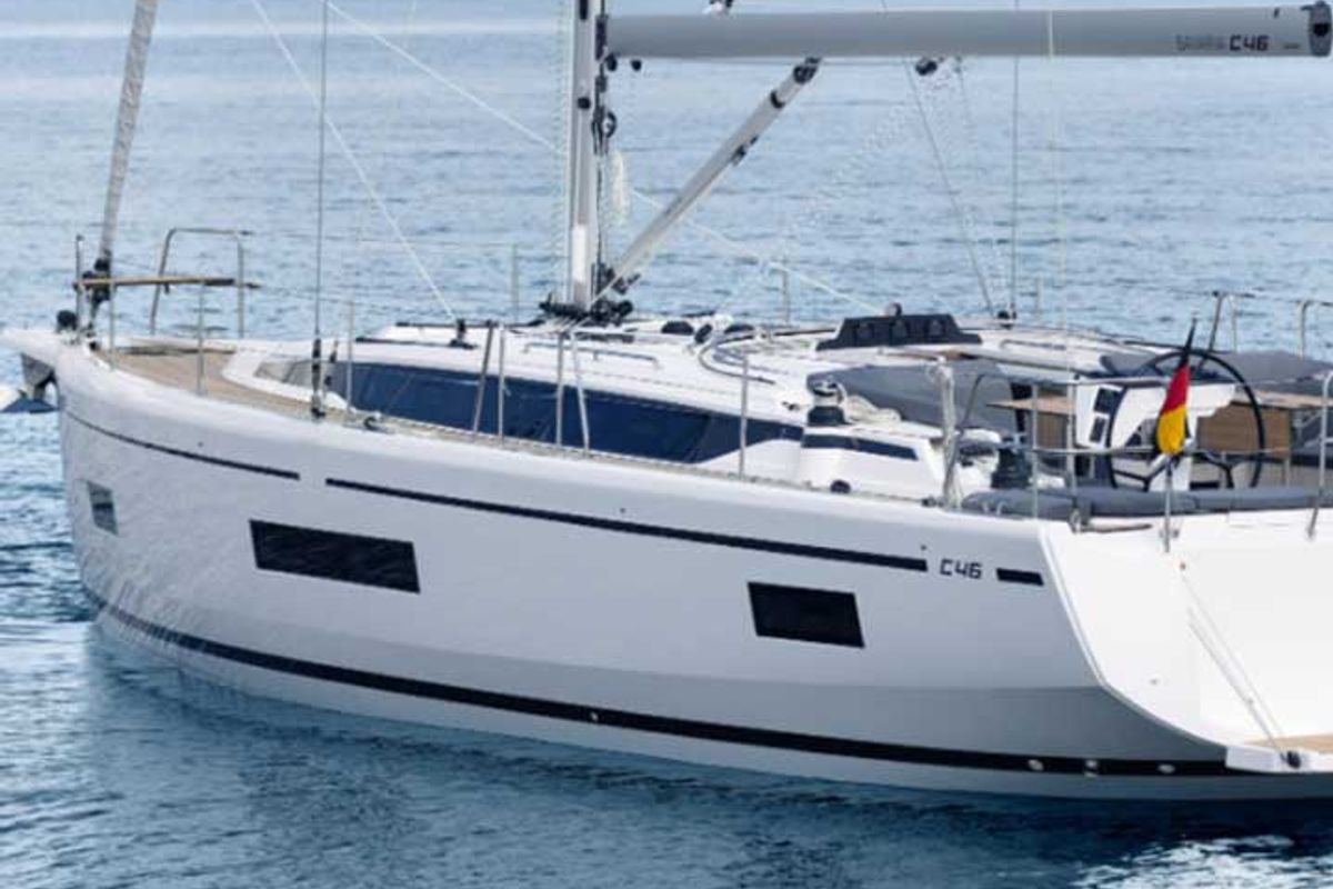 Exterior view of Chryseli, a Bavaria C46 sailboat at Municipal Unit of Lefkada, Greece