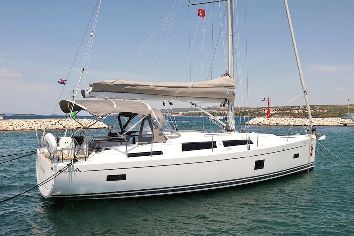 Exterior view of Chablis, a Hanse Yachts Hanse 388 sailboat at Seget Donji, Croatia