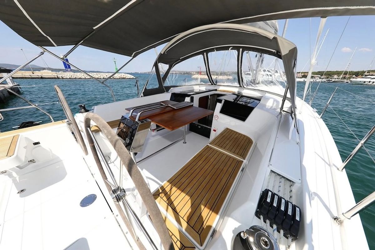 Deck of Chablis, a Hanse Yachts Hanse 388 sailboat at Seget Donji, Croatia