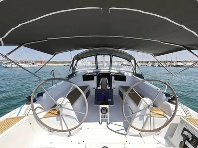Cockpit of Chablis, a Hanse Yachts Hanse 388 sailboat at Seget Donji, Croatia