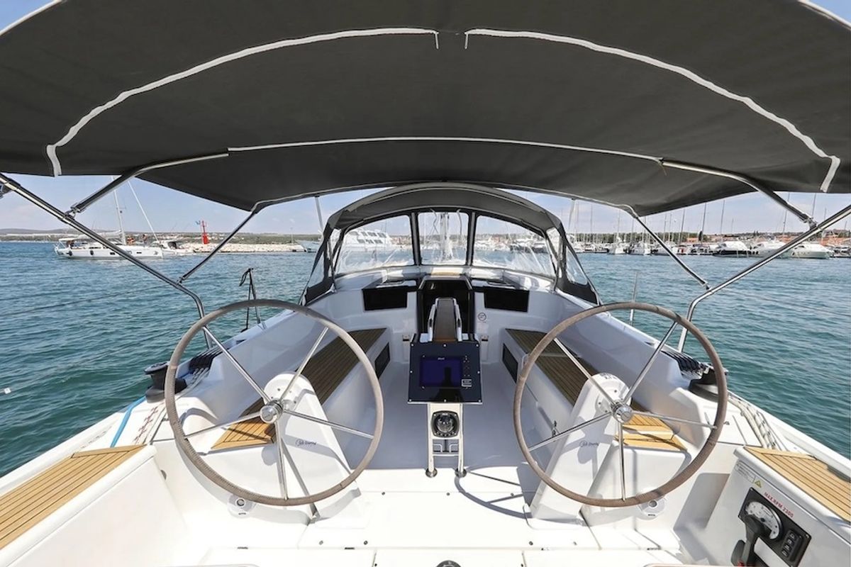 Cockpit of Chablis, a Hanse Yachts Hanse 388 sailboat at Seget Donji, Croatia
