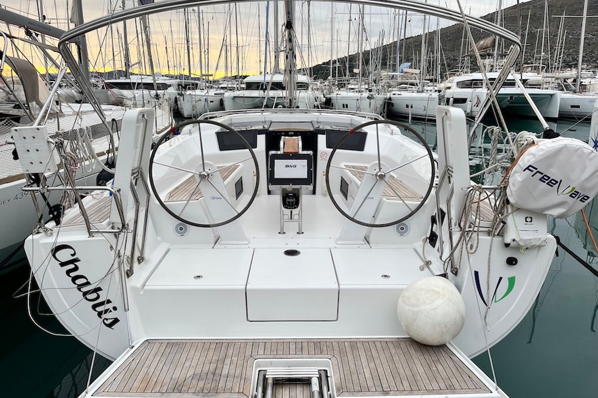 Cockpit of Chablis, a Hanse Yachts Hanse 388 sailboat at Seget Donji, Croatia
