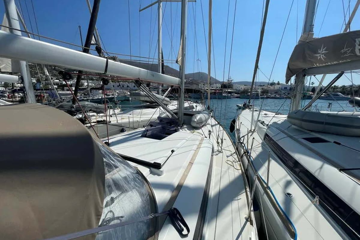 Deck of Blueberry, a Jeanneau Sun Odyssey 419 sailboat at Parikia, Greece