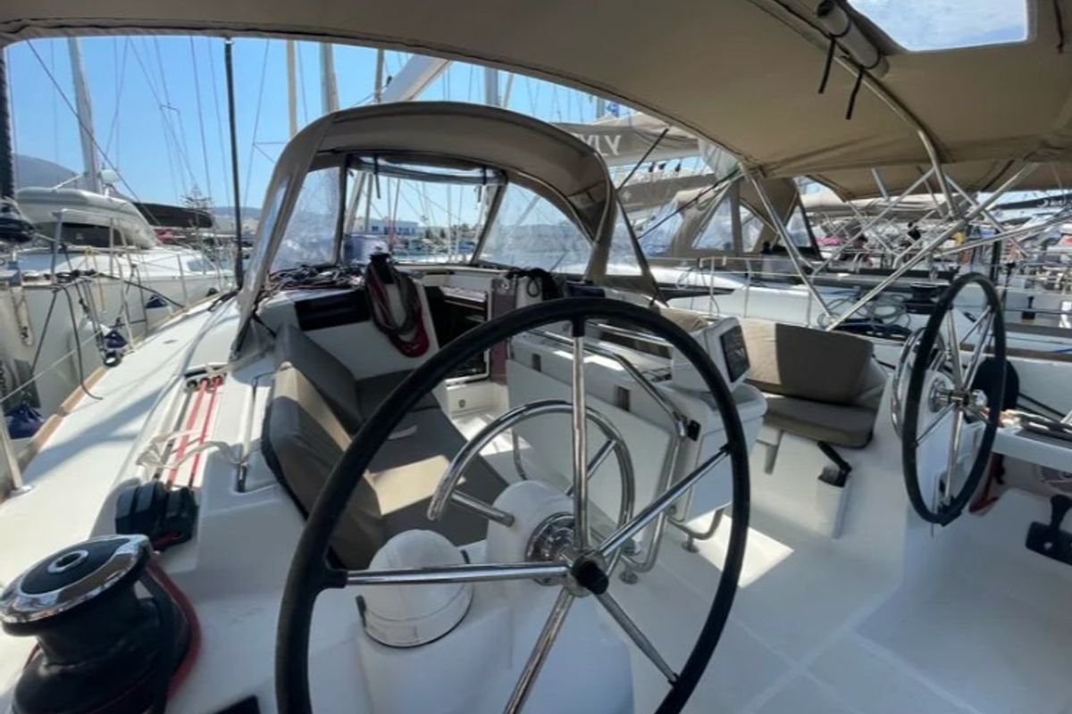 Cockpit of Blueberry, a Jeanneau Sun Odyssey 419 sailboat at Parikia, Greece