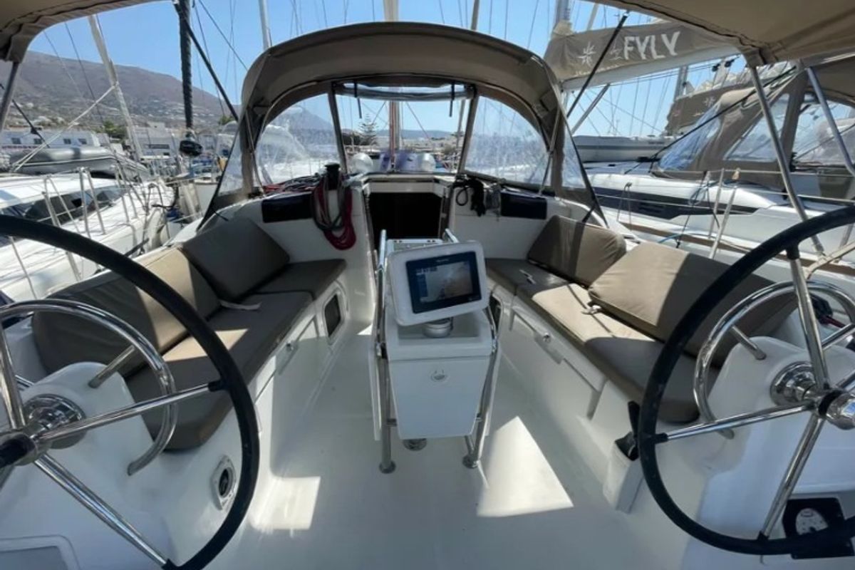 Cockpit of Blueberry, a Jeanneau Sun Odyssey 419 sailboat at Parikia, Greece