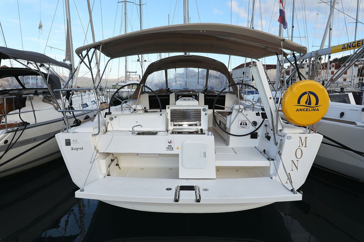 Exterior view of Mona, a Dufour 412 GL sailboat at Grad Biograd na Moru, Croatia