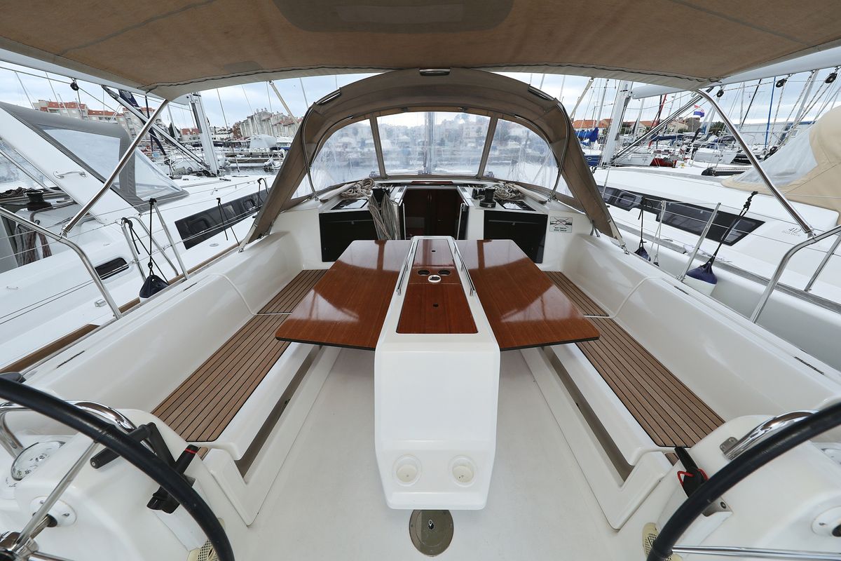 Cockpit of Mona, a Dufour 412 GL sailboat at Grad Biograd na Moru, Croatia